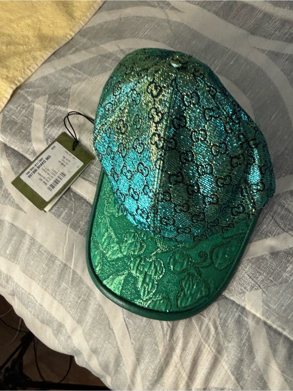 Gucci Green Metallic Monogram Cap with Leather Strap Xs